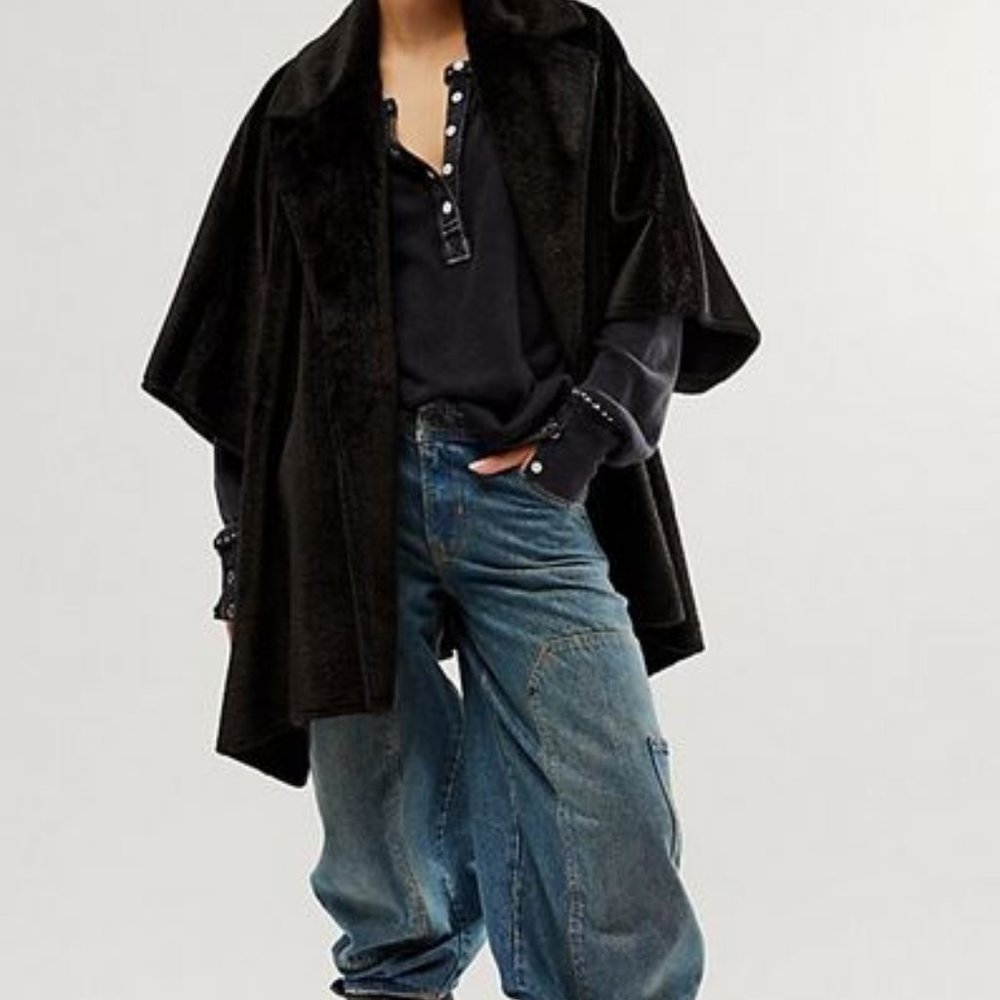 Free People Starlett Faux Fur Black Open Blazer Poncho OS